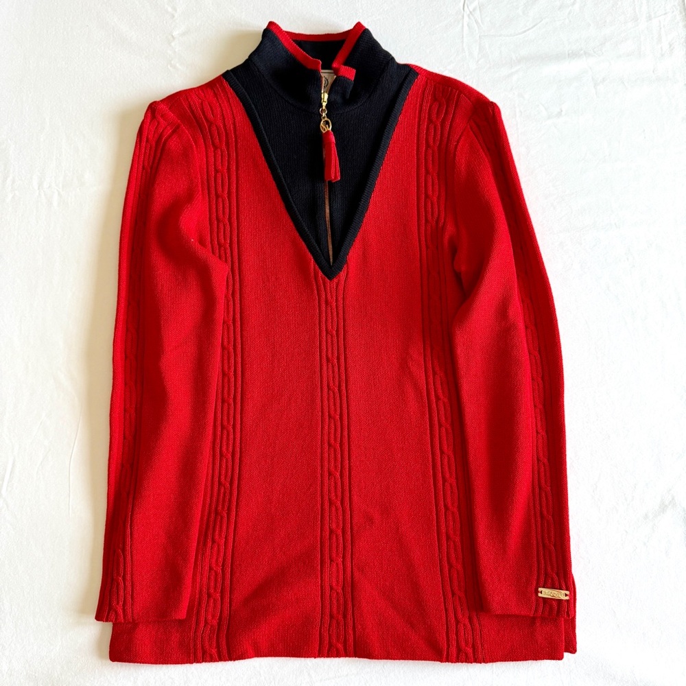 St. John Red and Black Cowl Neck Sweater